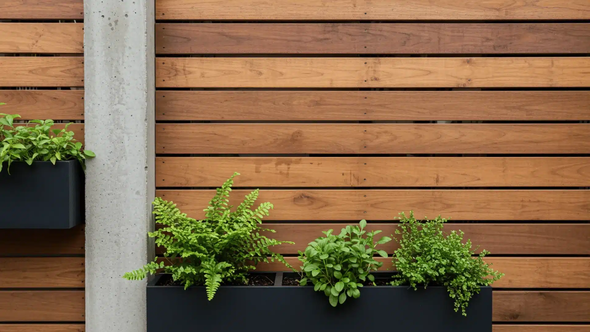 close-up, eye-level shot shows a modern wooden fence with several black planters attached to it.
