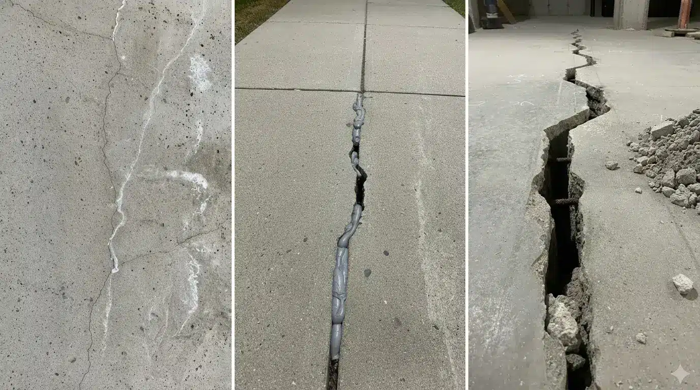 collage showing concrete crack stages including hairline crack, sealed joint repair, and severe structural slab split