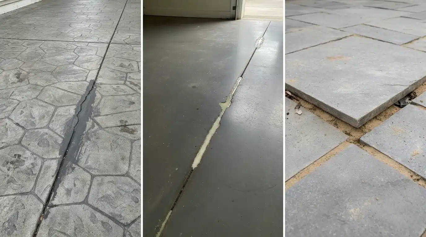 collage showing cracked concrete driveway, sealed garage floor crack repair, and lifted outdoor sidewalks