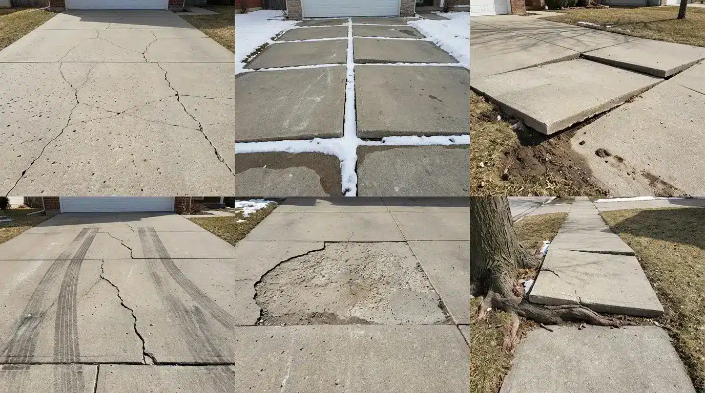 collage with concrete problems like cracks, sunken slabs, potholes, tire marks, frost damage, and trees lifting sidewalk