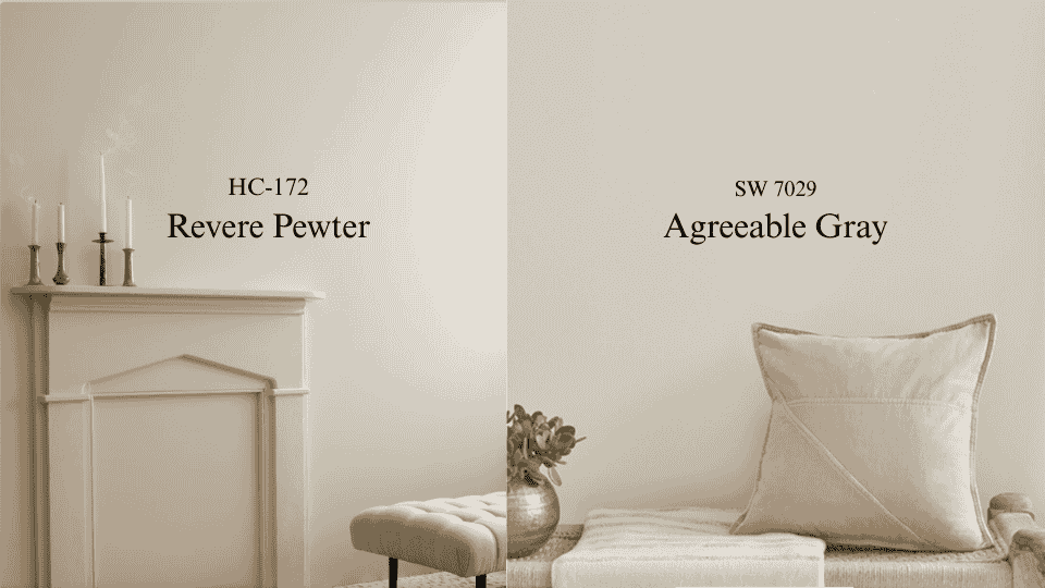 comparison of benjamin moore revere pewter and sherwin-williams agreeable gray with home decor elements