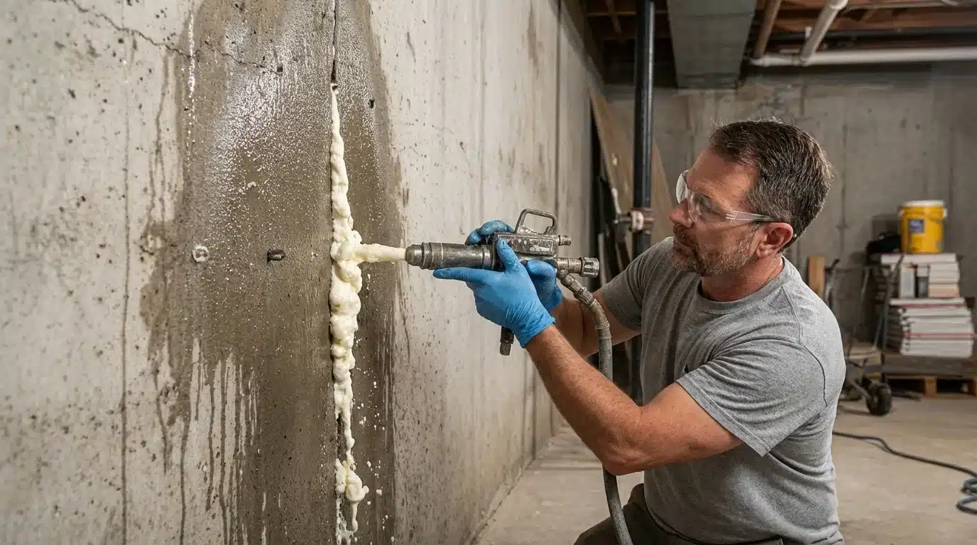 contractor injecting expanding foam into basement wall crack using repair gun, sealing damaged concrete foundation