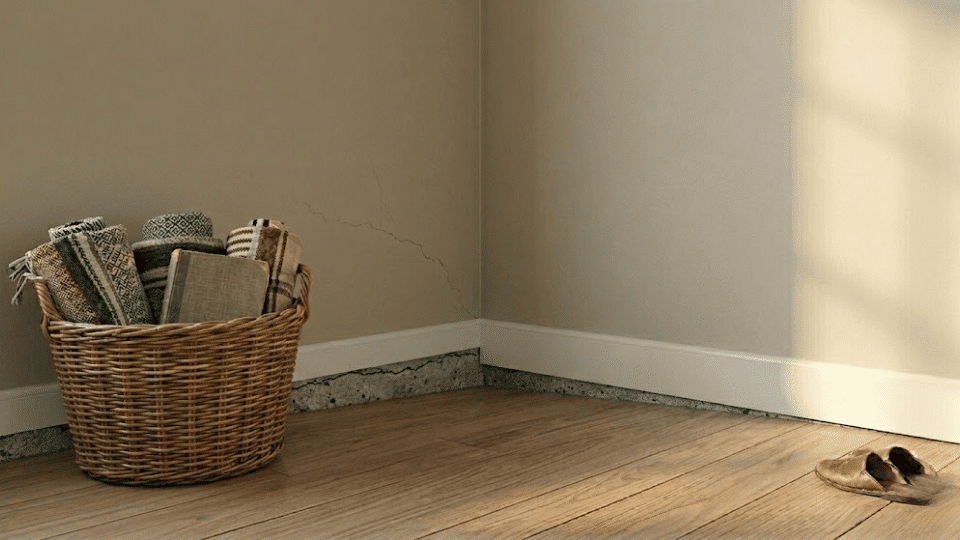 corner of room with hardwood floor small wall crack wicker basket with blankets and slippers nearby