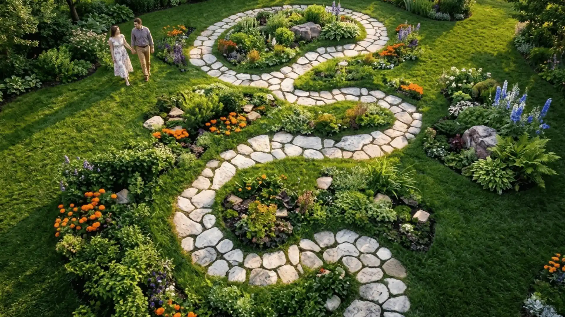 couple walking in a deck with spiral pathway to a garden sanctuary