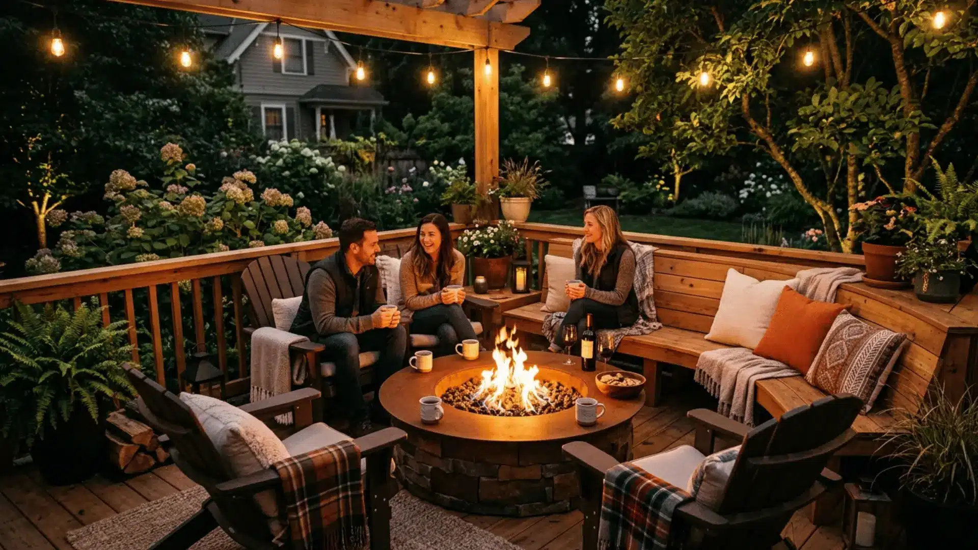 cozy corner deck designed with a built-in fire pit to create an inviting evening hangout spot