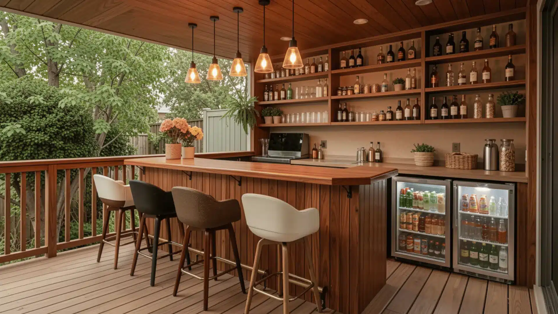 Cozy deck entertainment zone, polished wooden bar, mixed-material stools, row of pendant lights,