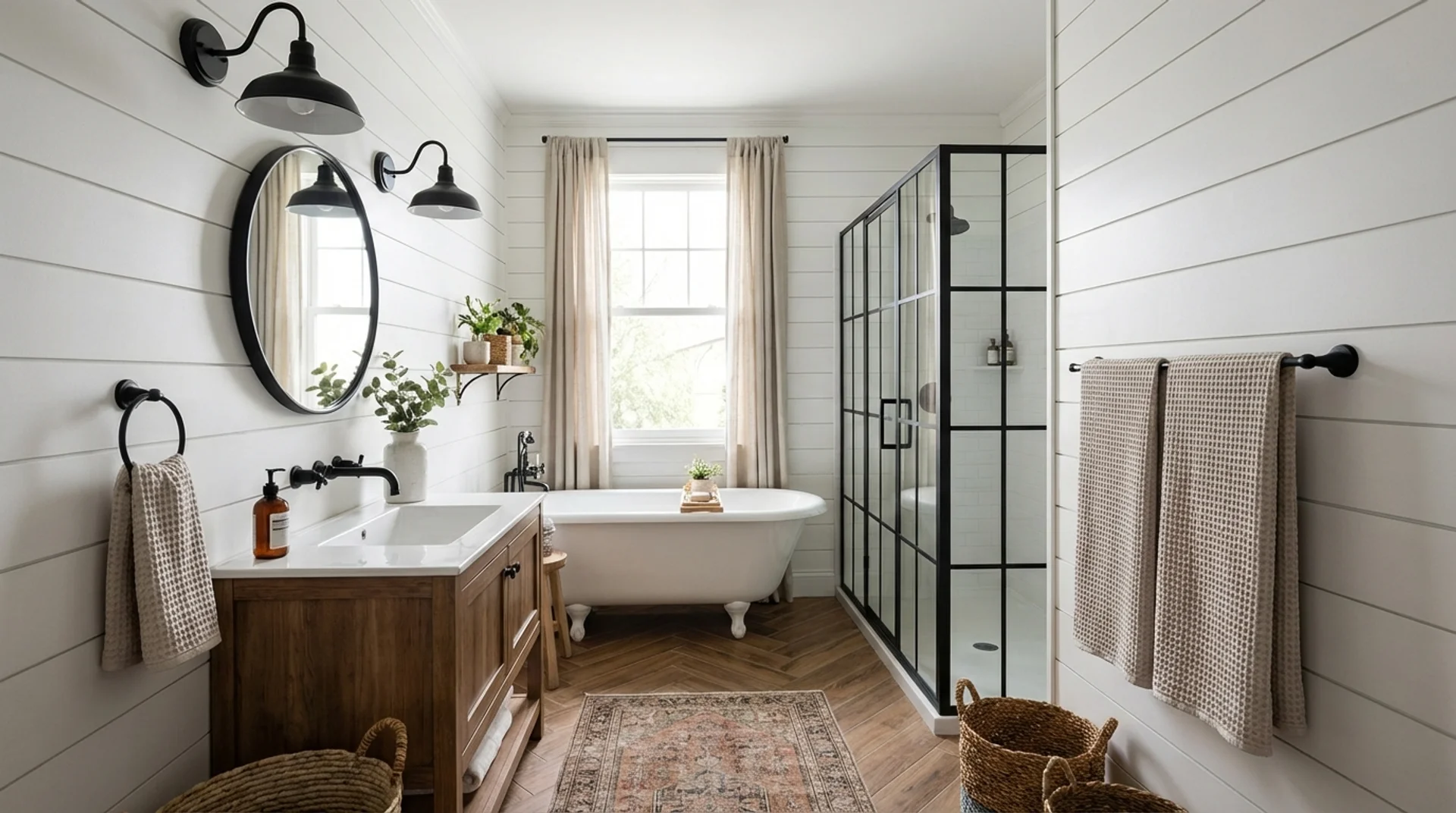 cozy farmhouse-style bathroom with white shiplap walls creating subtle texture across the room