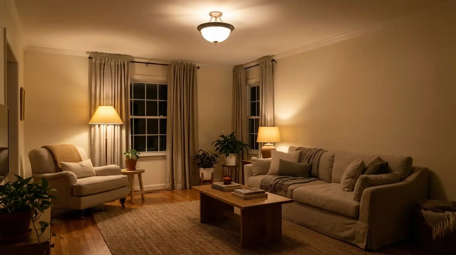 cozy living room at night with sofa, armchair, lamps, coffee table, plants, curtains, and warm lighting