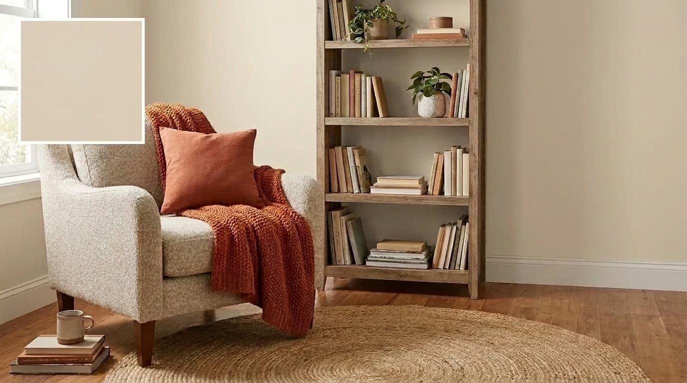 cozy reading nook with canvas tan walls dark furniture earthy accessories and soft lighting
