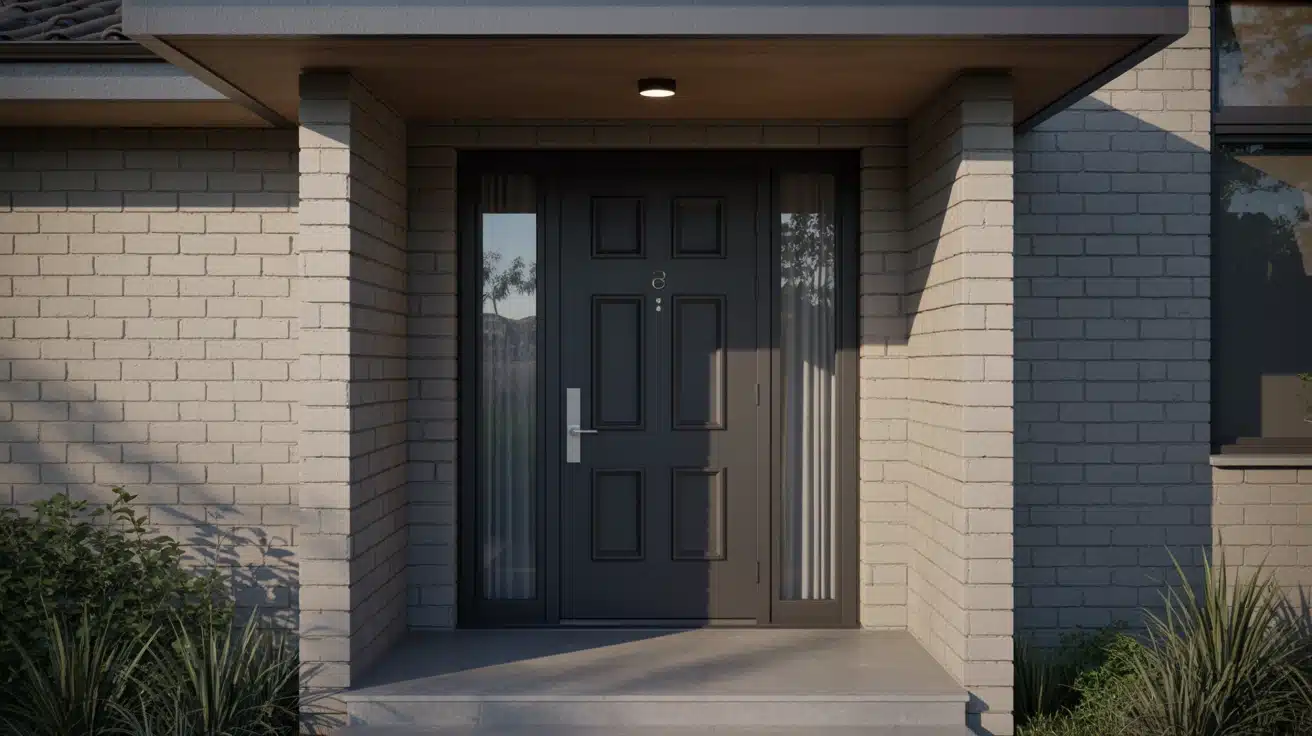 dark front door in shadowed entryway making entrance feel heavy closed off and lacking natural light