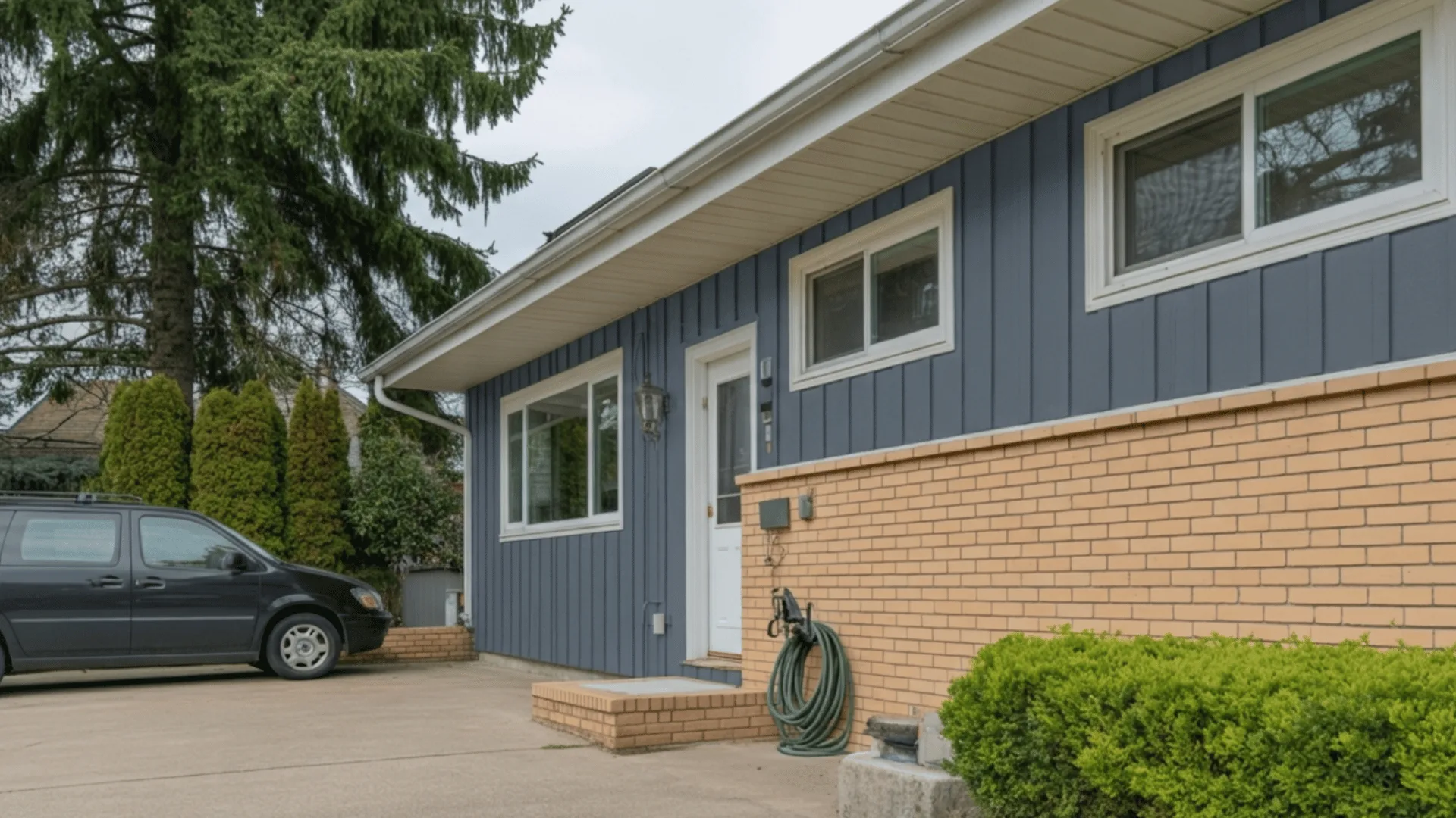 daytime exterior photograph of a split-level residential house with dark gray horizontal siding on the upper level
