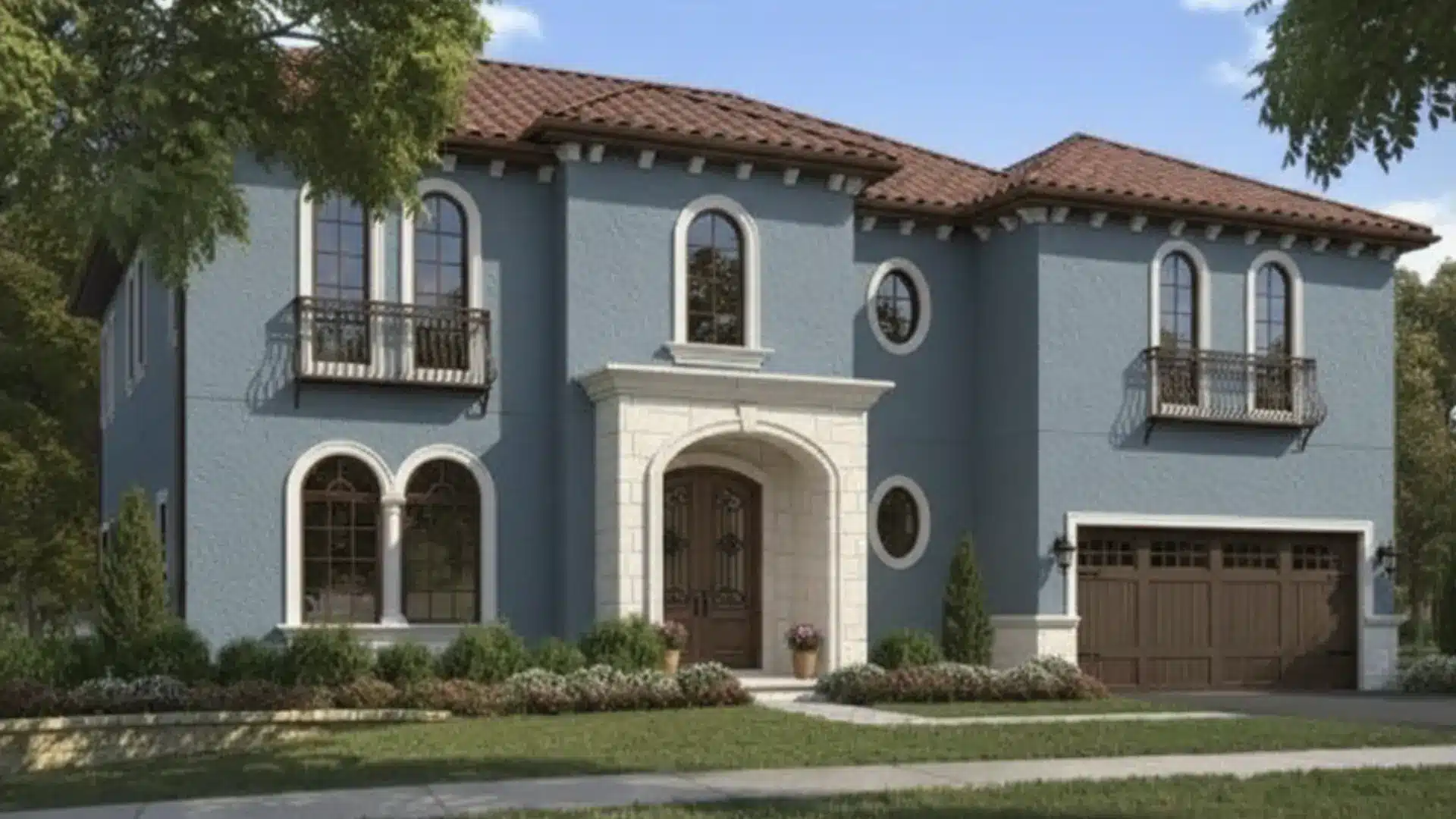 debonair blue-gray exterior on a two-story mediterranean home with terracotta roof and white trim