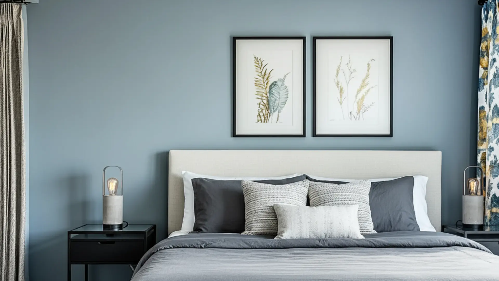 debonair painted walls of bedroom with cream headboard, gray bedding, black nightstands, and framed botanical wall art