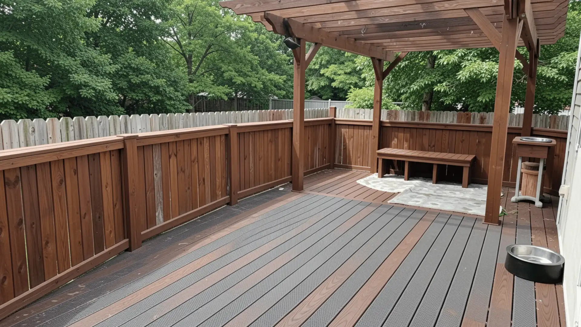 Deck pet area with secure waist-high fence, textured non-slip decking, shaded pergola nook, water bowl station