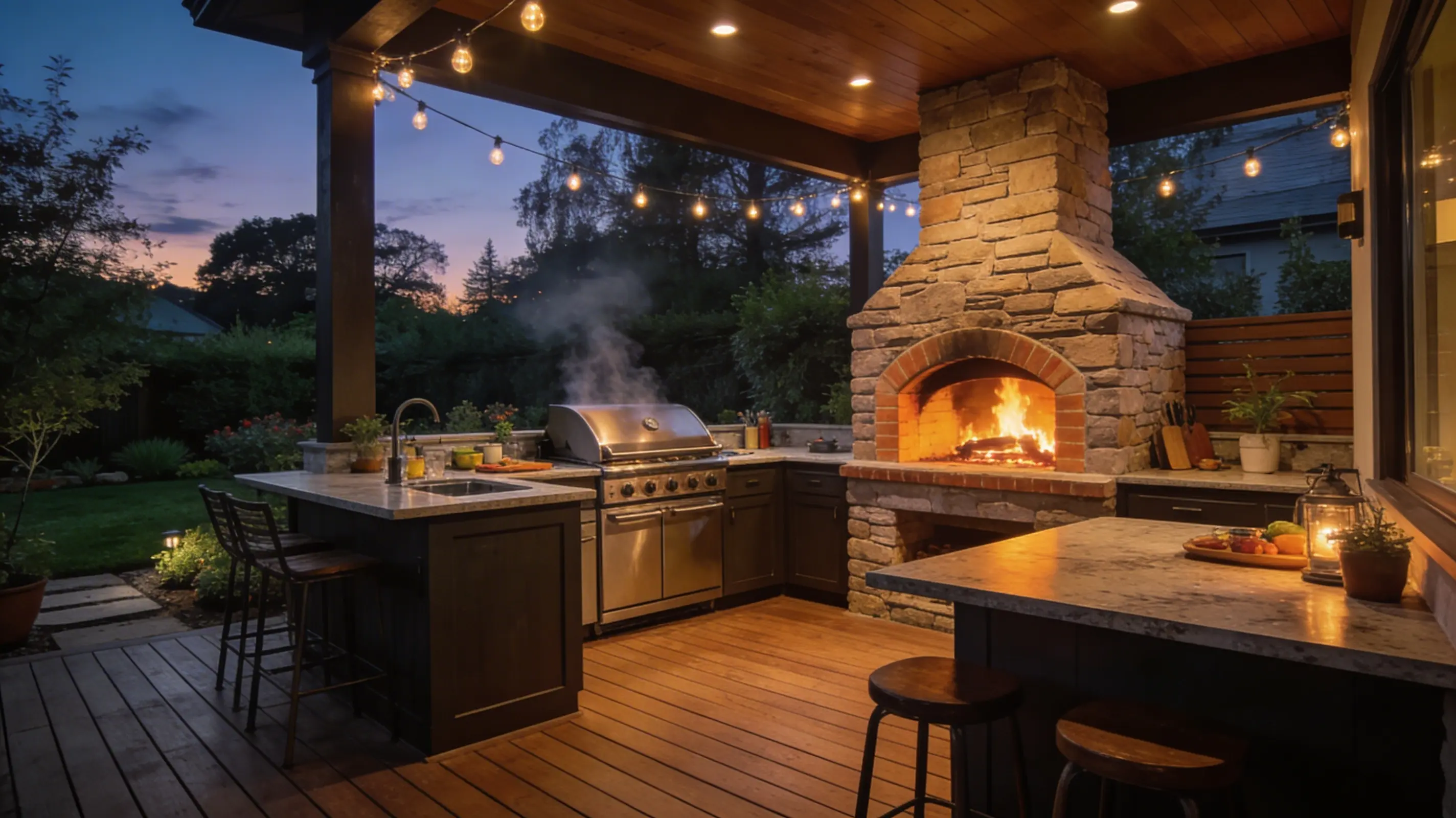 Deck with Built-In Pizza Oven and Barbecue Take outdoor cooking seriously by incorporating a built-in pizza oven and barbecue station directly into your deck design