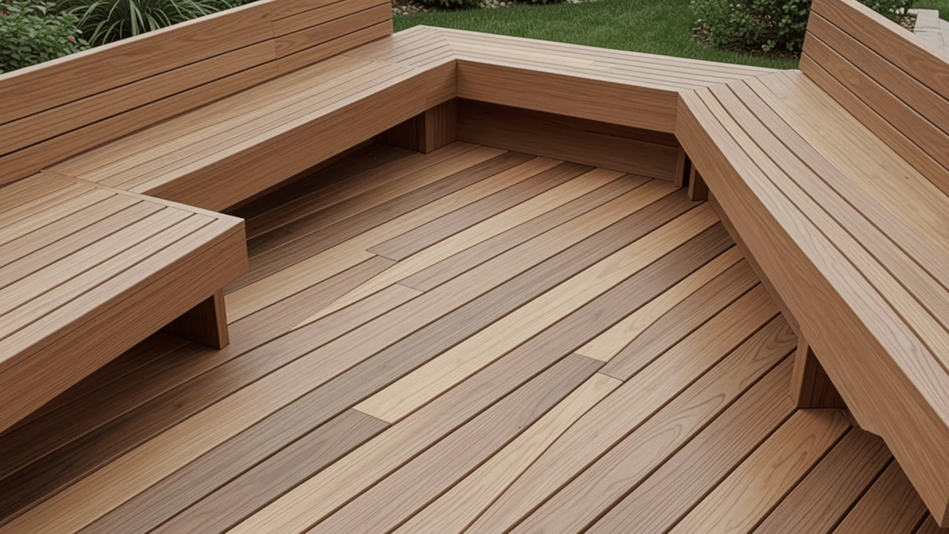 Deck with floating wooden slats, mixed-width boards, low-profile built-in benches, subtle grain texture, uncluttered layout