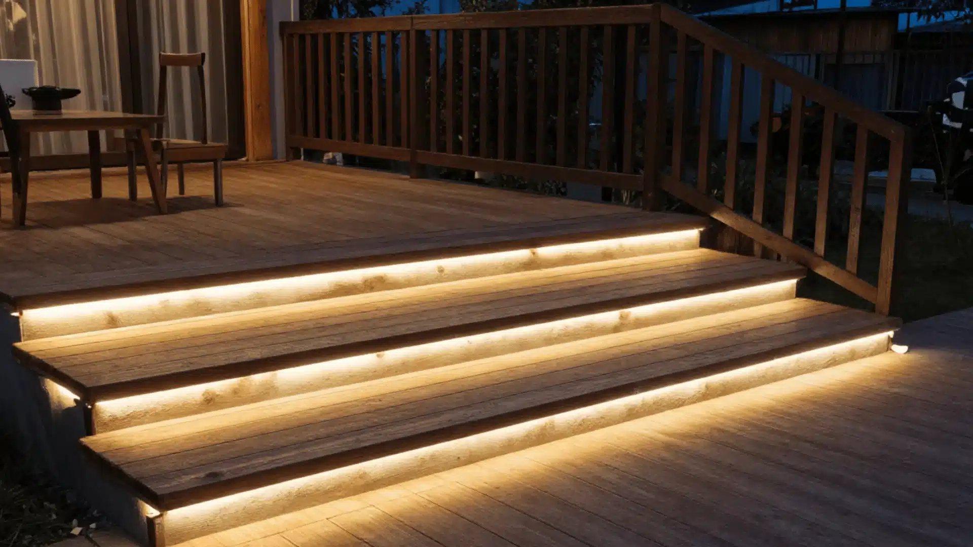 Deck with LED-lit steps and railing, warm white strip lights highlighting each riser, cozy evening ambiance