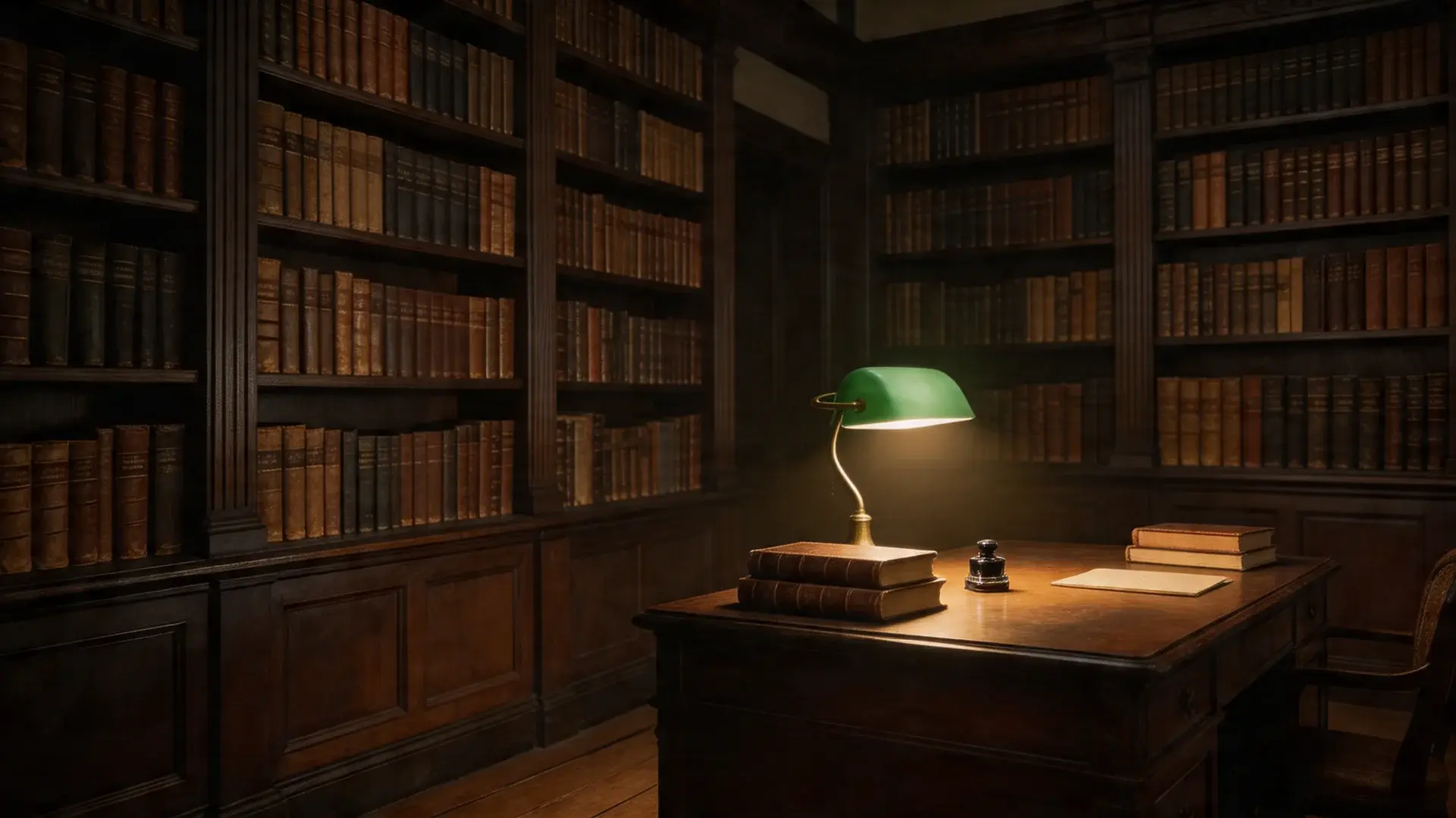 Dim room with tall bookshelves, antique wooden desk, and a lit lamp casting shadows