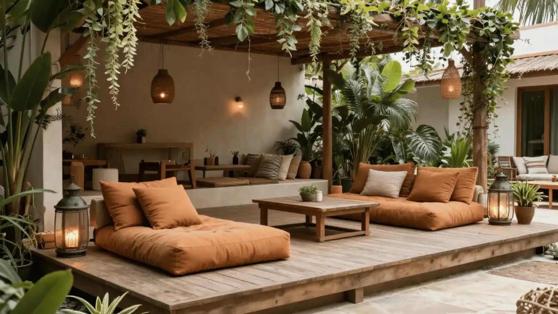Elevated deck lounge platform with oversized warm-toned floor cushions, lanterns, trailing plants, relaxed bohemian vibe