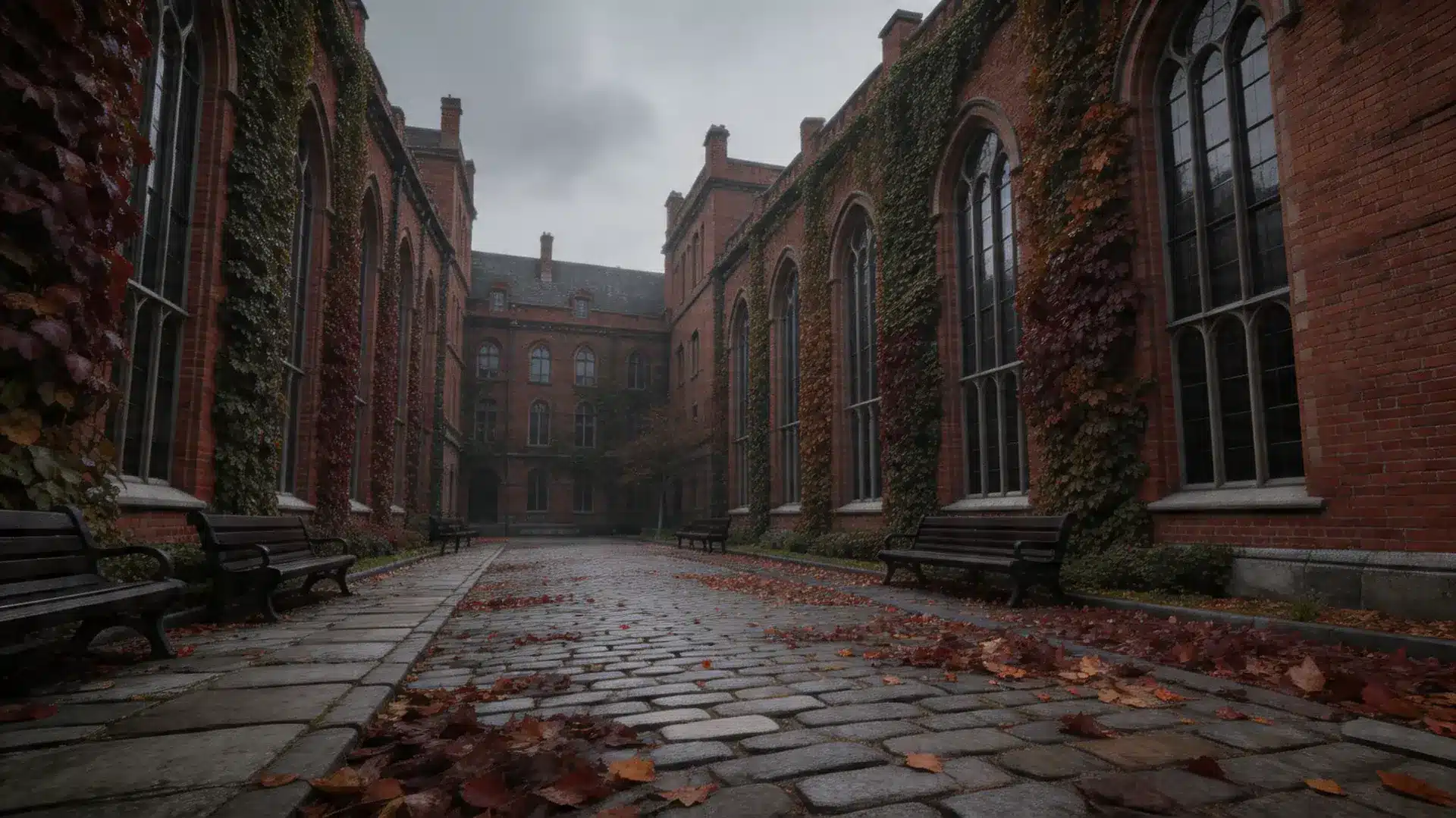 Empty ivy covered brick courtyard with arched windows, stone paths, benches, and fallen leaves