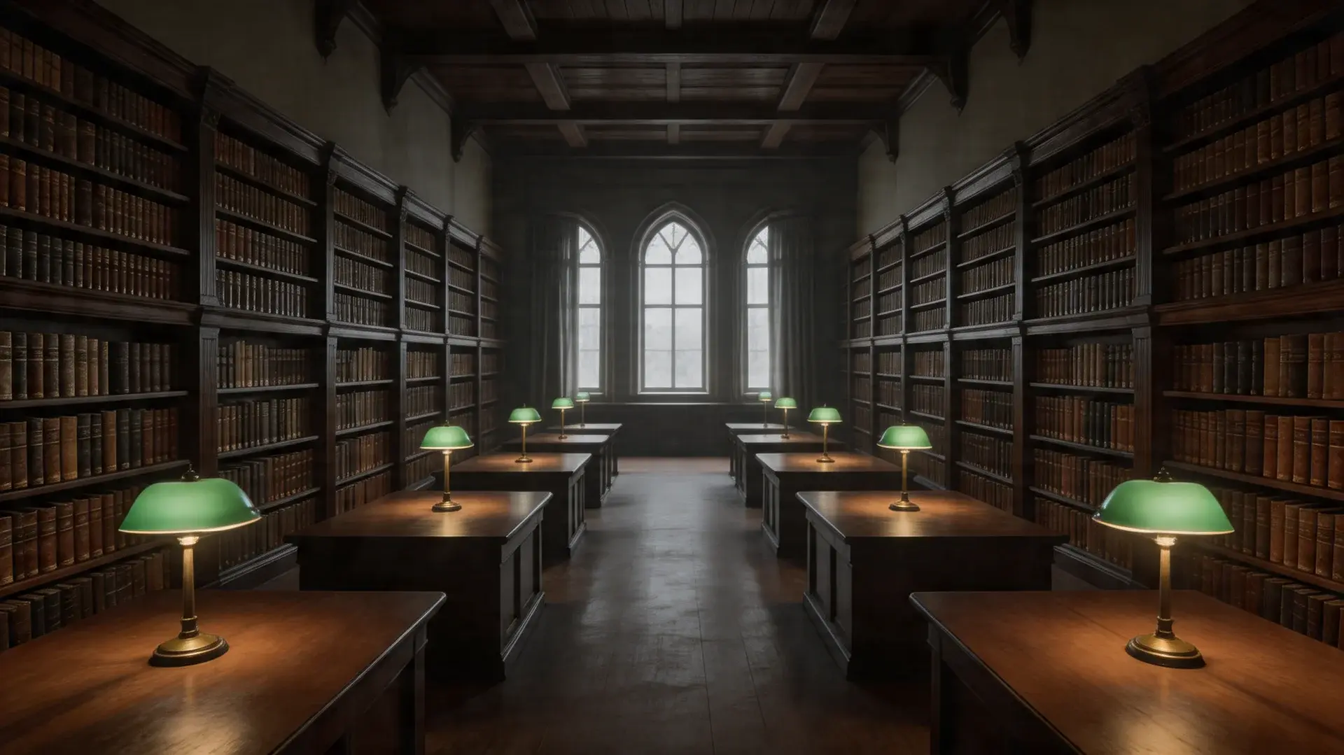 Empty library with long wooden tables, tall bookshelves, and dim desk lamp lighting
