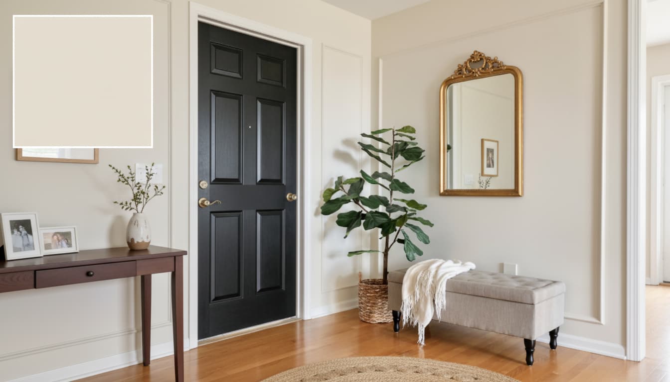 entryway with sherwin williams white duck walls black door wood floor and neutral decor creating a soft warm look
