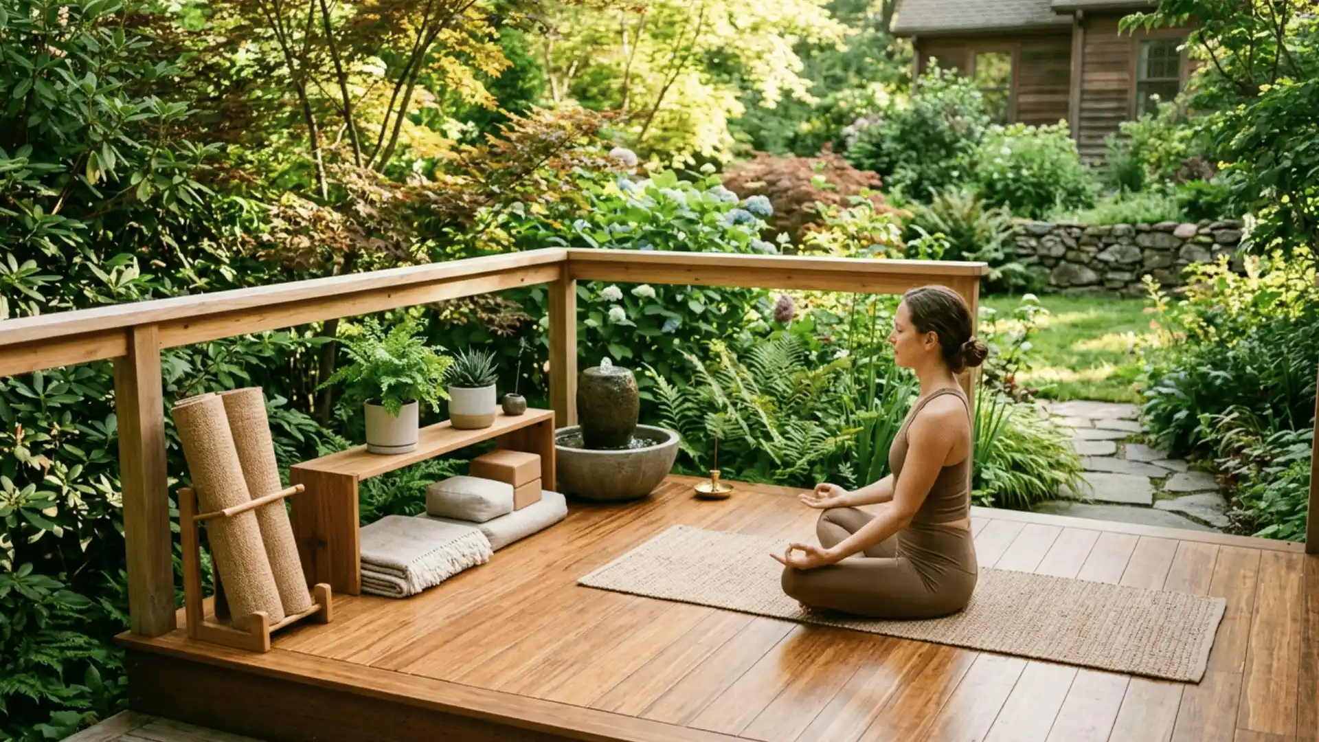 erene outdoor yoga deck overlooking a lush tropical landscape the deck has dark wooden planks