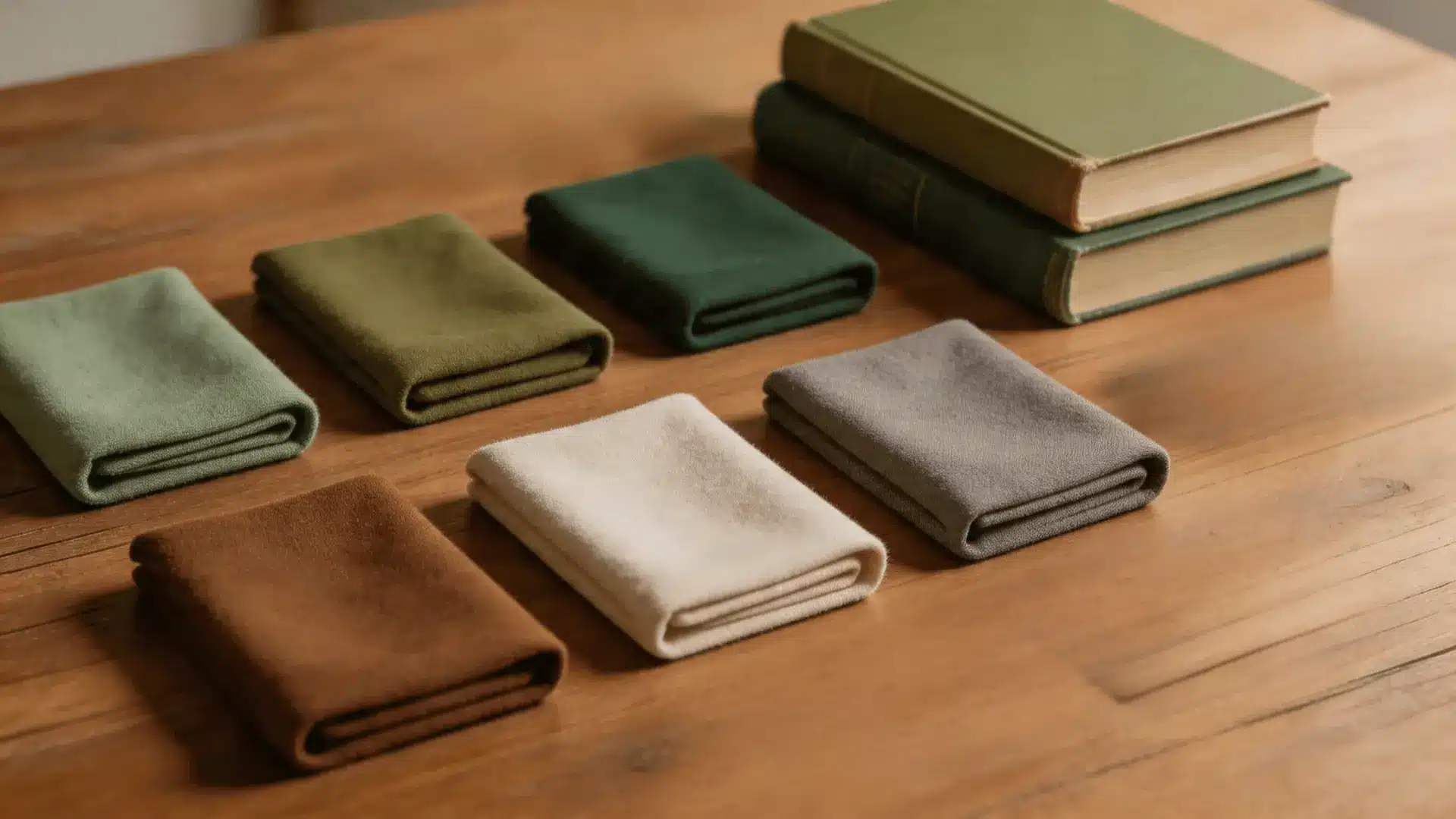 Fabric swatches, books, and leaves in green, brown, beige, and gray tones arranged on a wooden surface