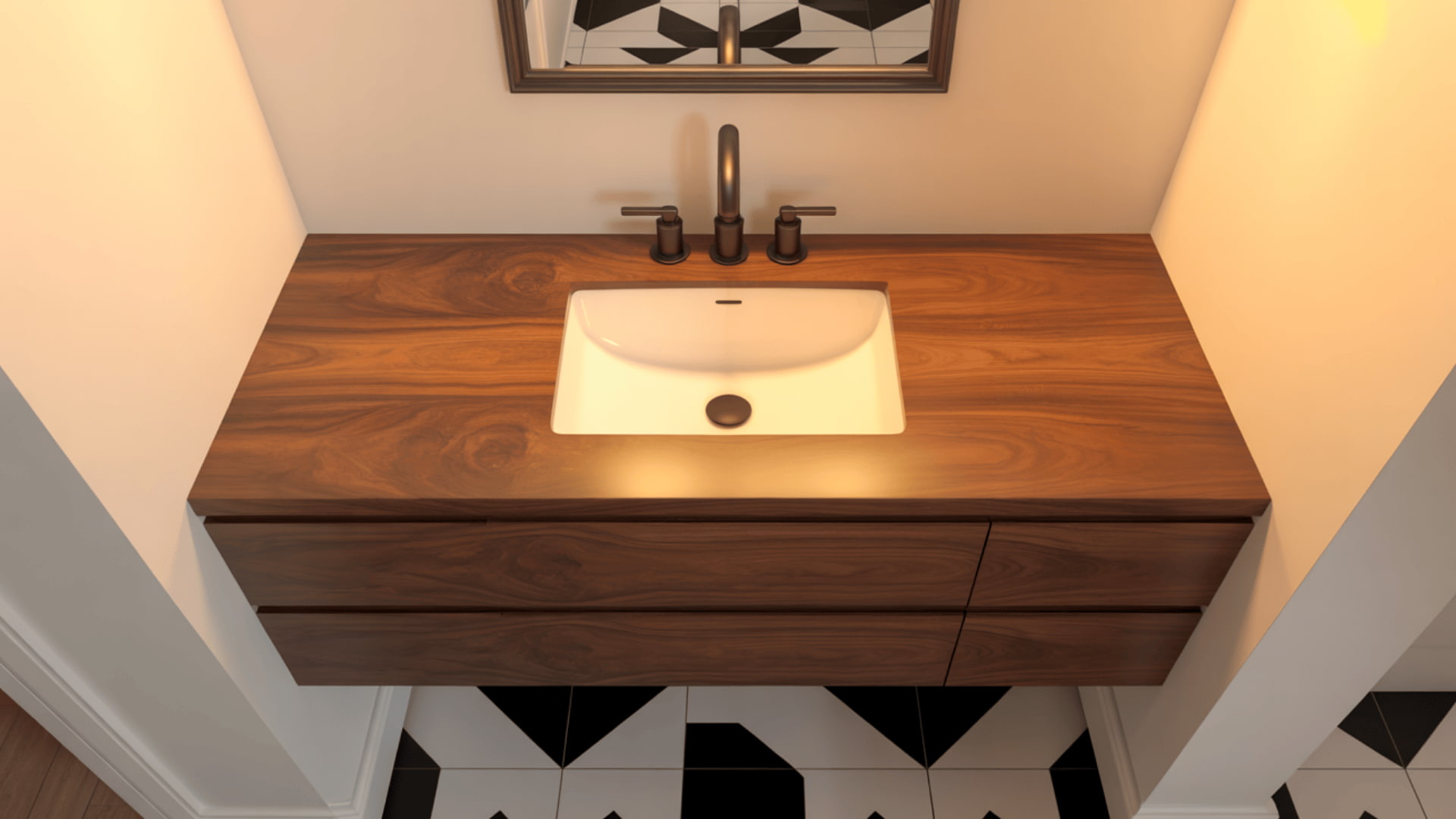 floating wood bathroom vanity with white undermount sink and matte black faucet above black and white tile floor