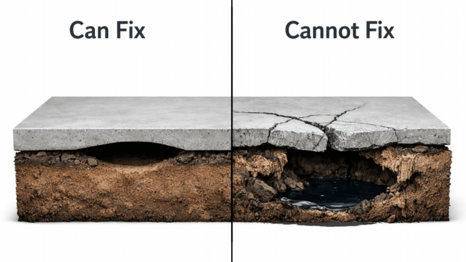 foam jacking can fix small voids under intact slabs but cannot fix cracked slabs with large water filled voids