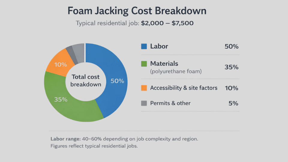 foam jacking cost breakdown chart showing labor materials accessibility and permits with percentage split