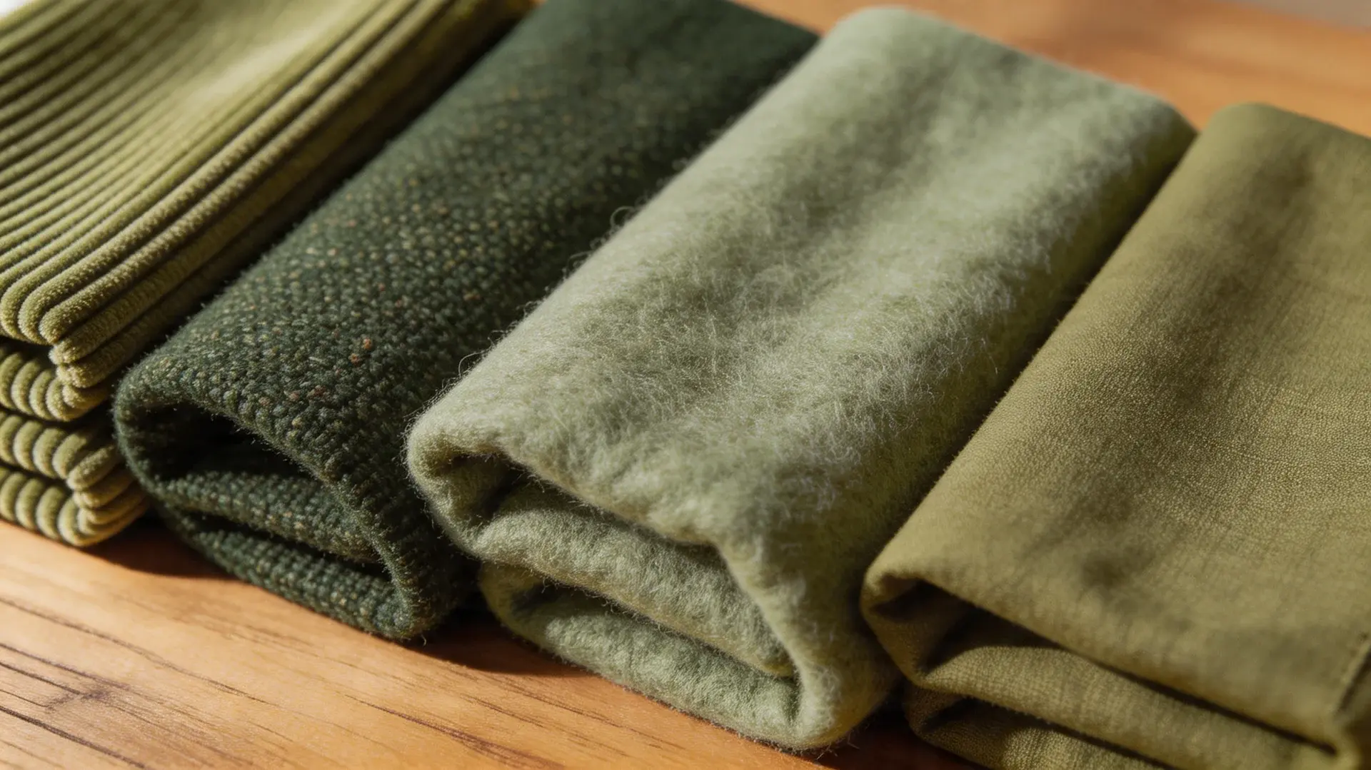 Folded wool, tweed, corduroy, and cotton fabrics on a wooden surface in natural light
