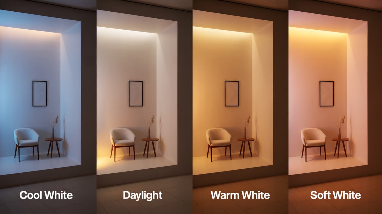 four identical room each lit by a different bulb showing soft white, warm white, cool white, and daylight tones