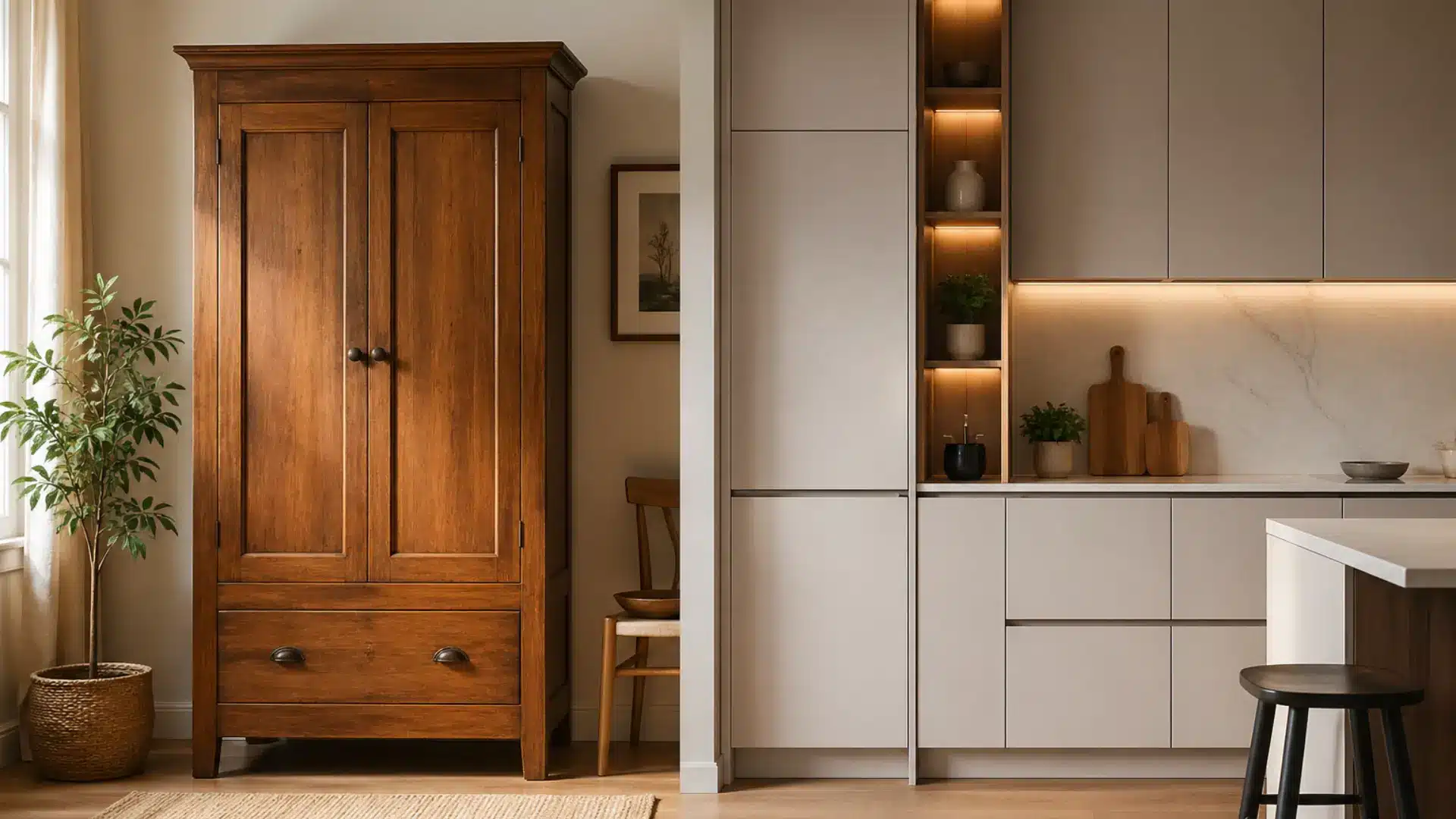 Freestanding wooden cupboard beside sleek built-in kitchen cabinets showing classic vs modern storage design