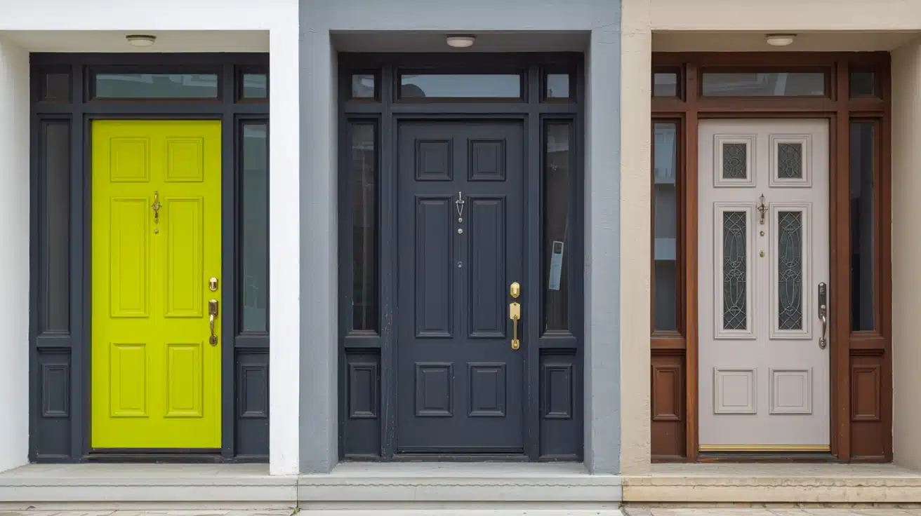 front doors showing neon dark and dirty white colors compared with better balanced neutral option on home exterior