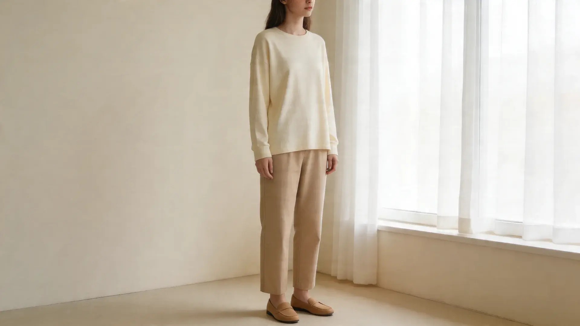 Girl in neutral-toned outfit standing near window with face turned slightly away