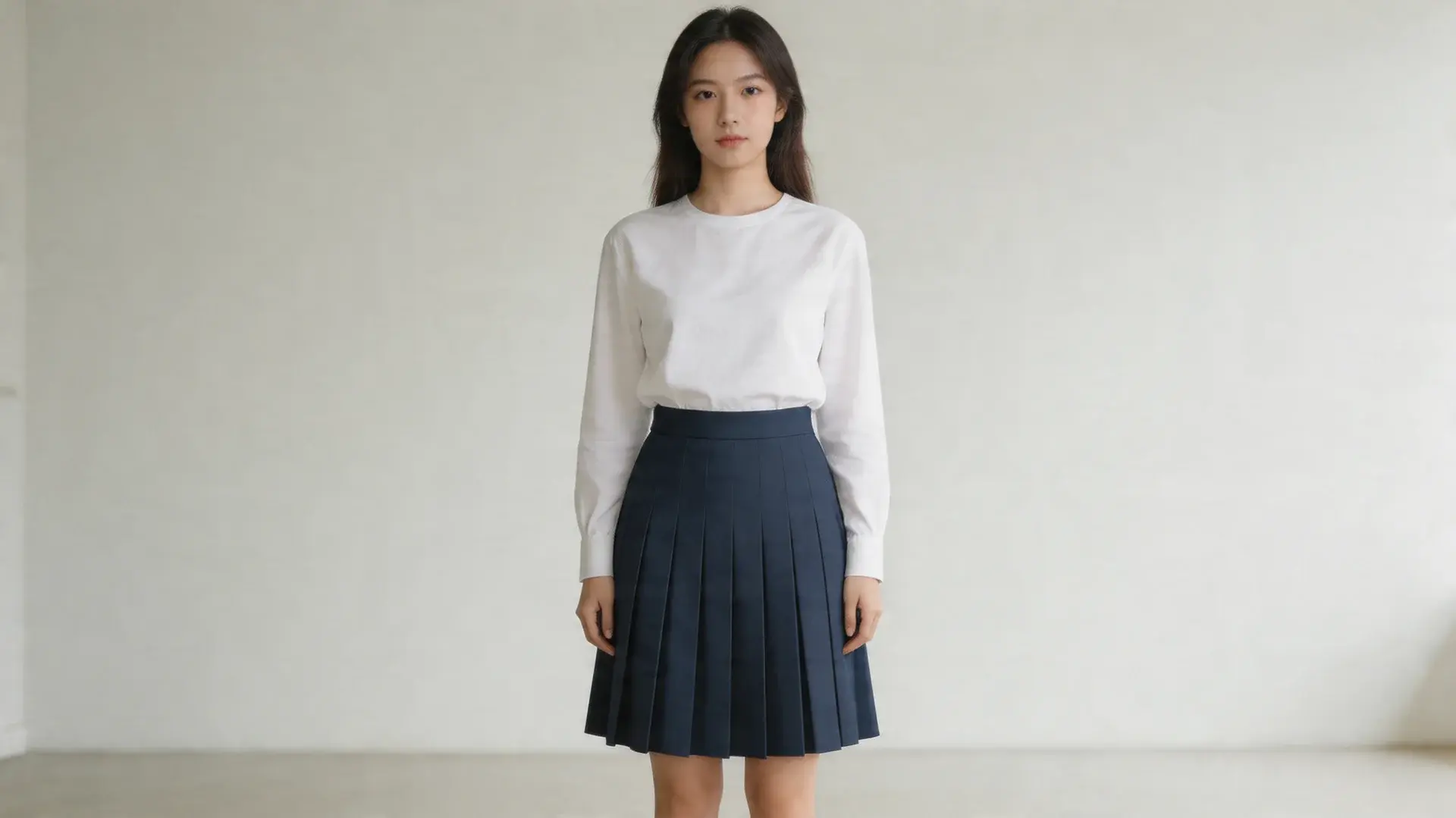 Girl wearing pleated skirt and tucked-in shirt standing indoors