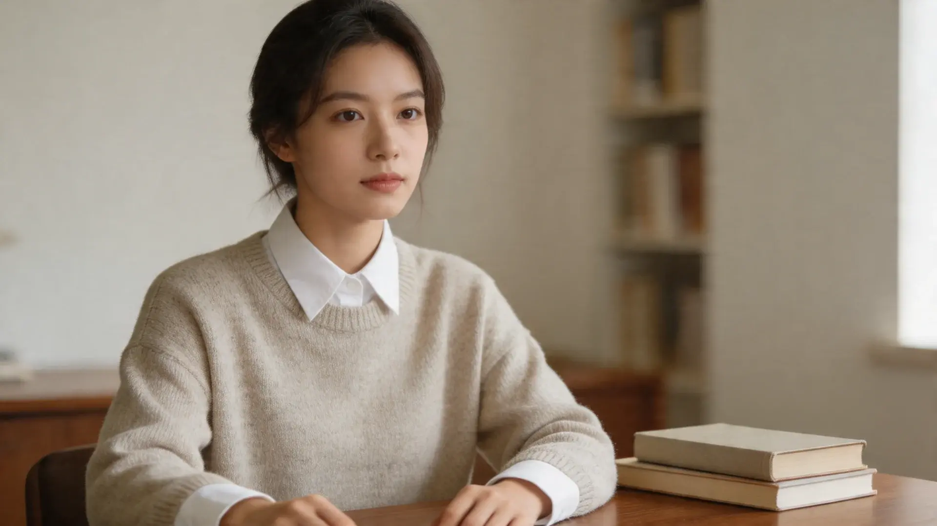 Girl wearing sweater layered over shirt seated at table with books