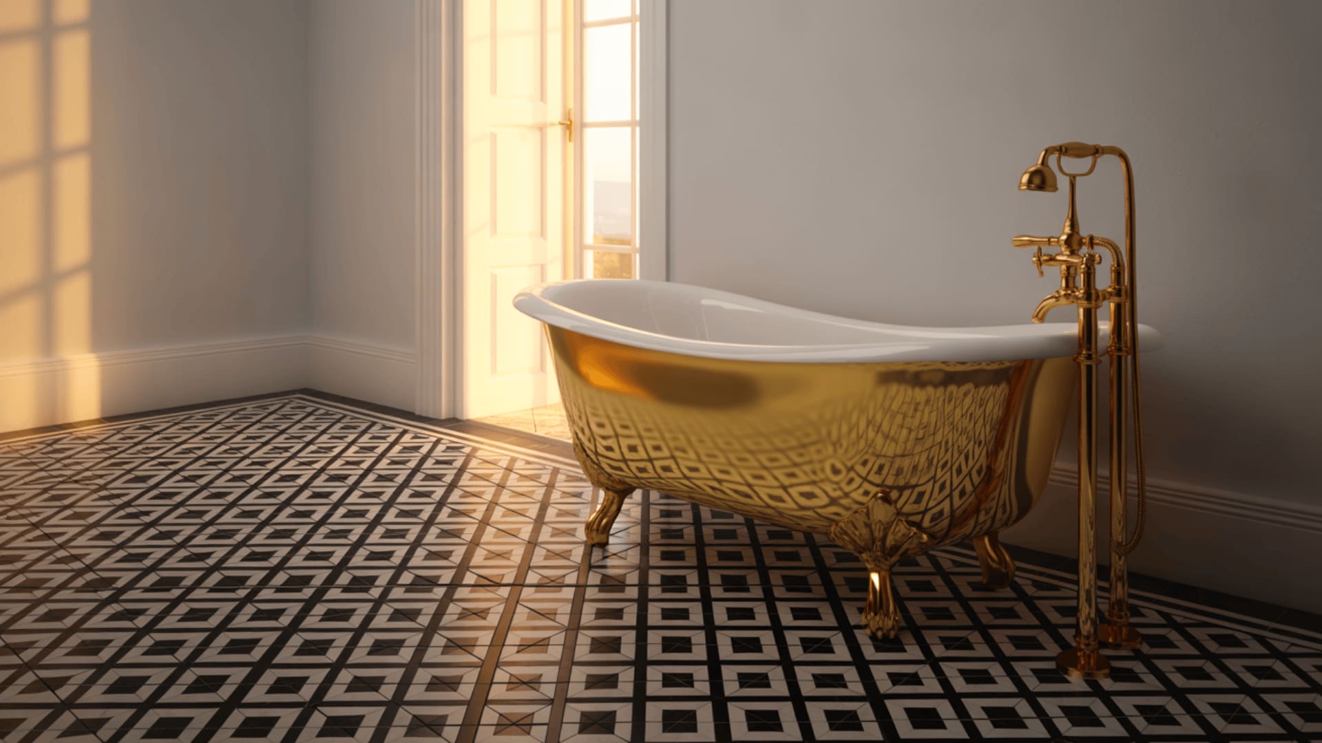 gold clawfoot bathtub on black and white patterned tile floor with warm sunlight from tall window