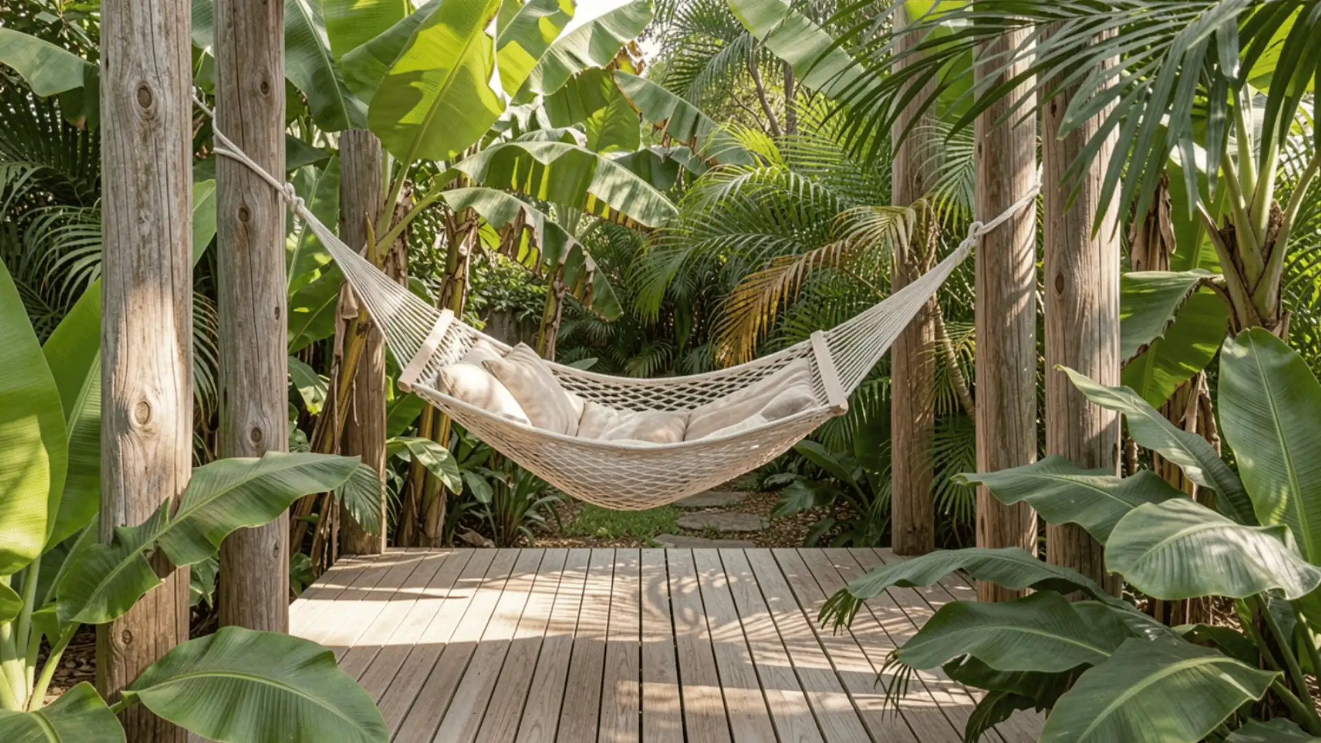 Hammock hung between cedar posts, abundant banana leaves and palms around deck, tranquil lazy-afternoon atmosphere