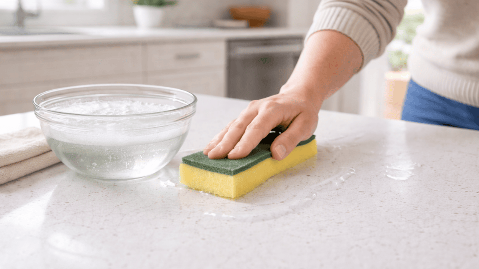 hand cleaning a white quartz countertop with a sponge and mild soap solution in a bright modern kitchen