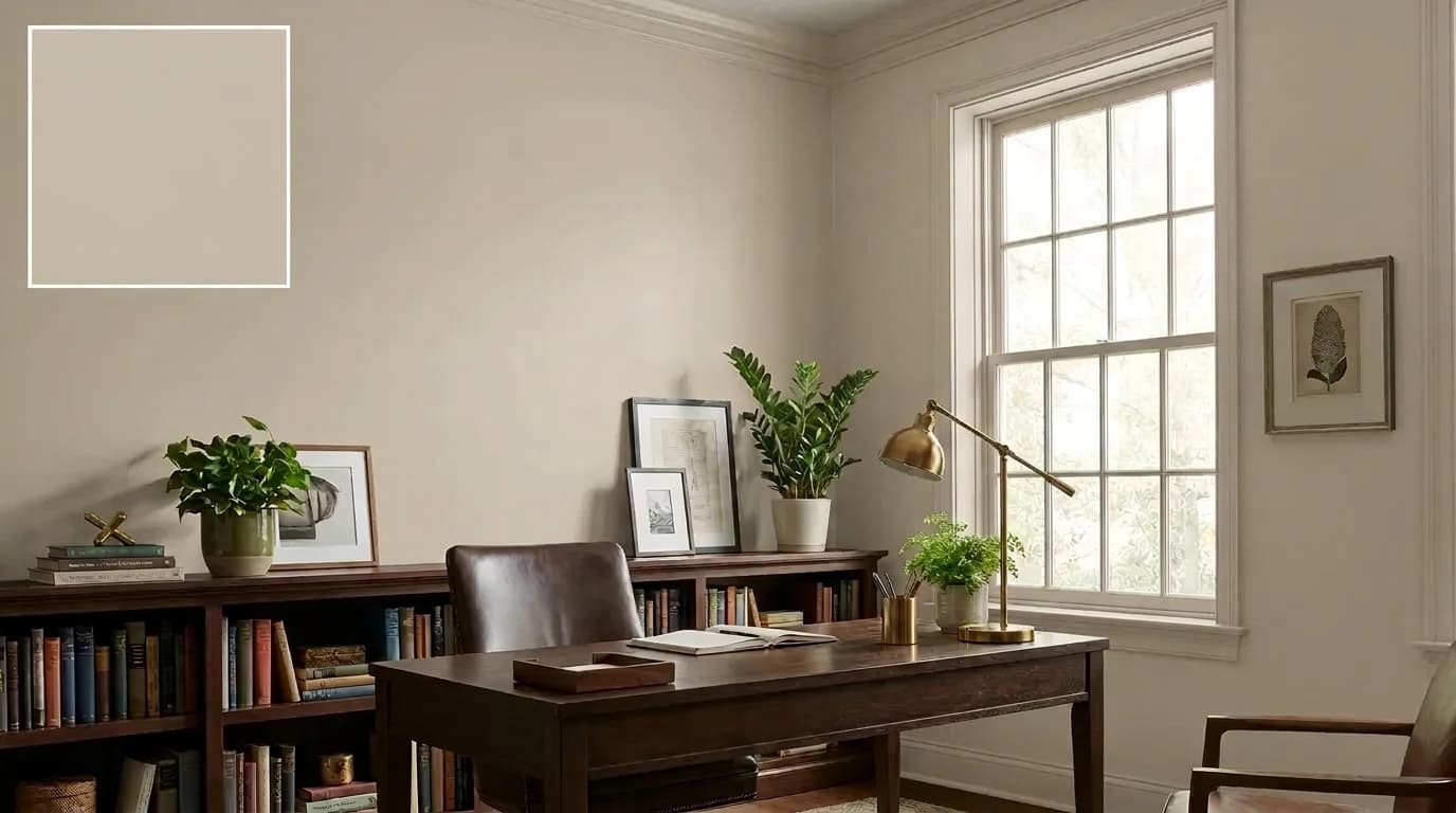 home office with analytical gray walls neutral furniture and organic earthy undertones