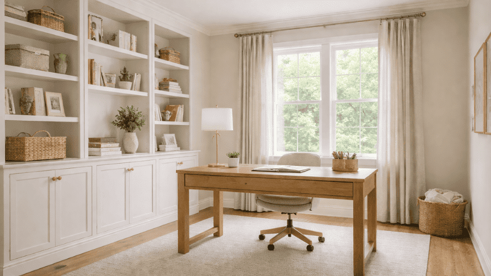 home office with November Rain painted walls, wood desk, chair behind the desk, built-in shelves, and large window with soft daylight