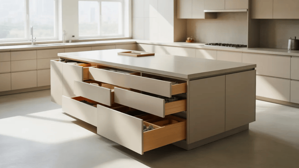 kitchen island with standard deep cabinets and countertop in a modern clean layout with organized storage