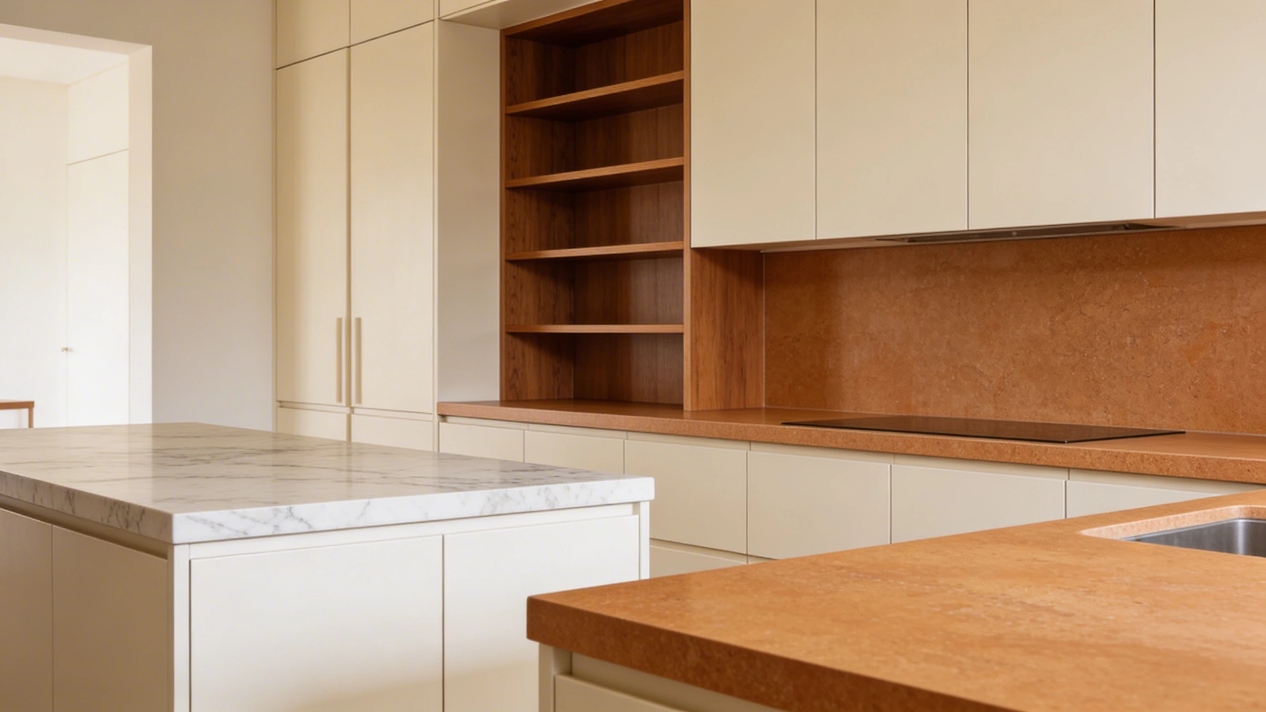 kitchen with cream cabinets, warm wood shelving, marble island, terracotta countertops, built-in storage, and lighting