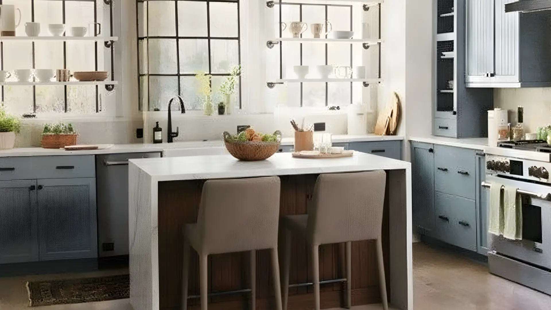 kitchen with debonair painted cabinets, open shelves, black pendant lights, and white island countertop