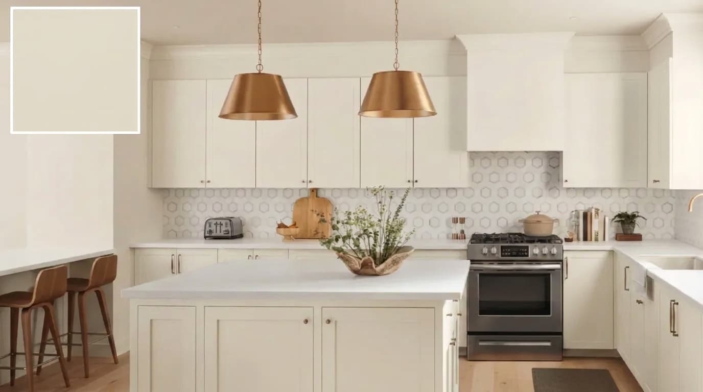 kitchen with sand beige walls white cabinets and brass lights creating a warm and balanced space