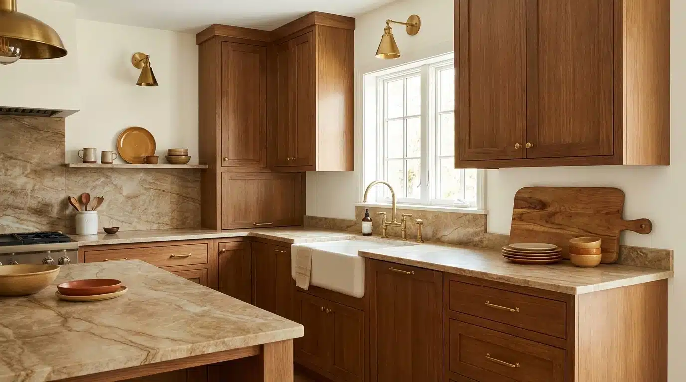 kitchen with wooden cabinets, marble countertops, brass fixtures, farmhouse sink, wall sconces, and cutting boards