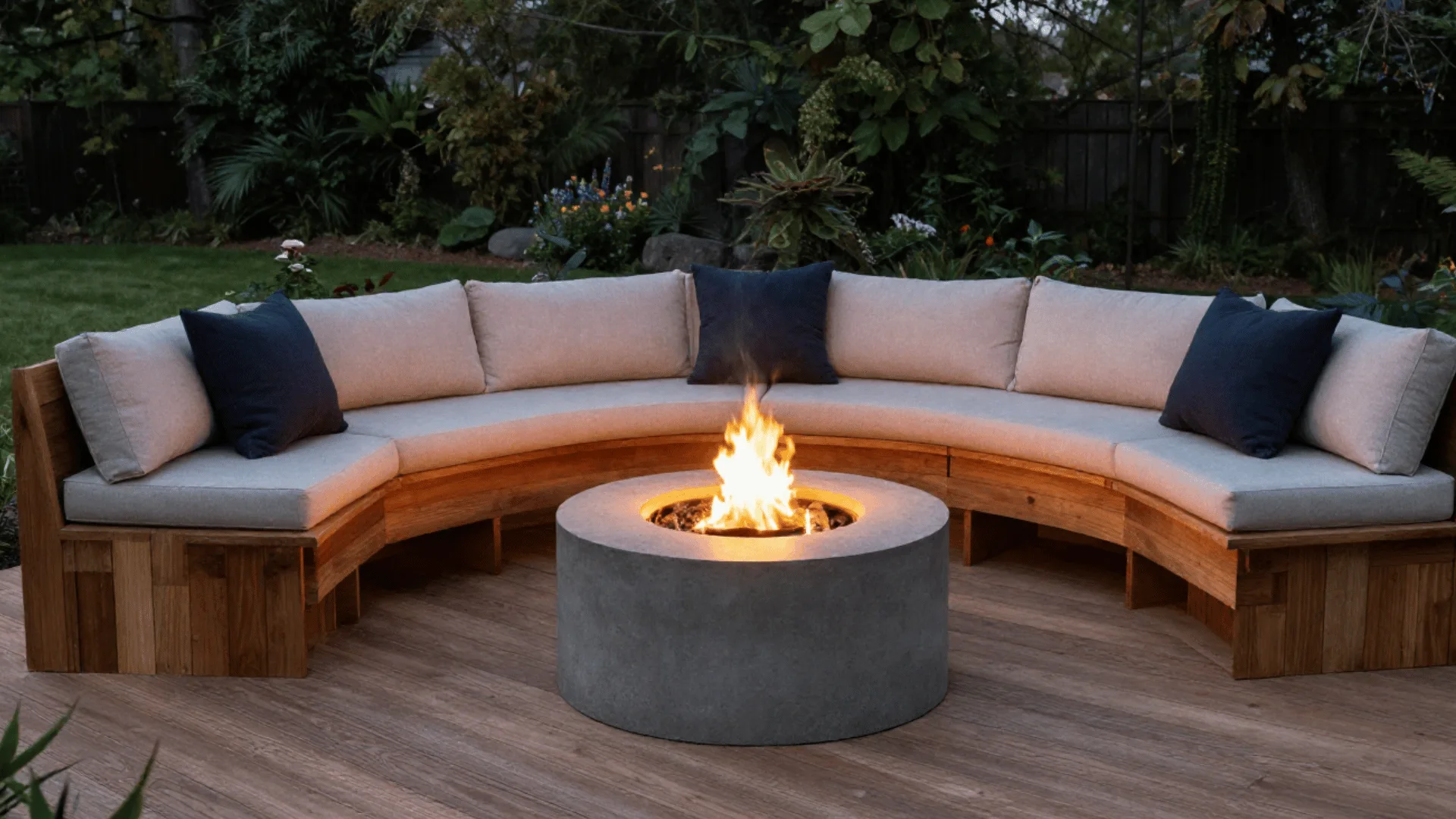 L-shaped built-in deck sofa wrapping fire pit, cedar wood bench, integrated cushions, concrete fire bowl, evening glow