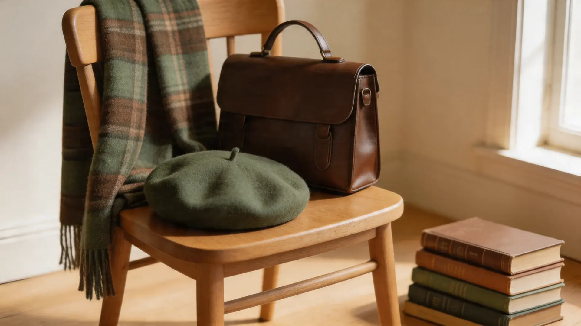 Leather bag, scarf, and beret placed on a wooden chair next to stacked books